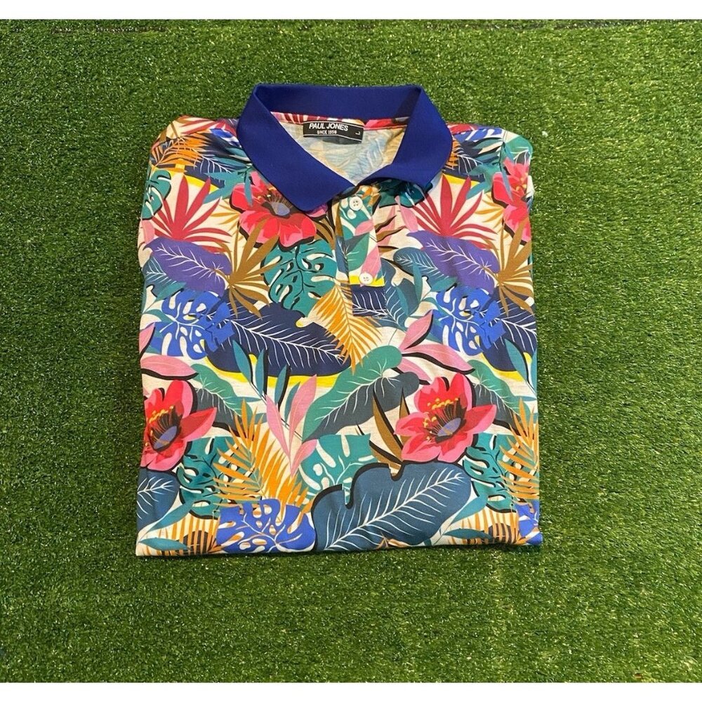 Paul Jones polo mens large green pink lighweight floral hawaiian short sleeve RK